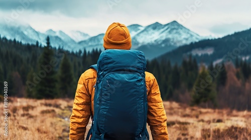 Backpacking pack mockup, hiking trail, majestic mountains, outdoor exploration,