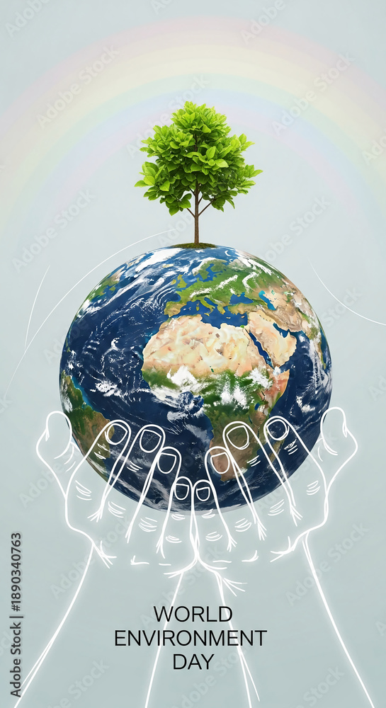 Fototapeta premium Earth globe cradled by hands, topped with a green tree, against a pastel background with a rainbow arc, symbolizing environmental care and World Environment Day