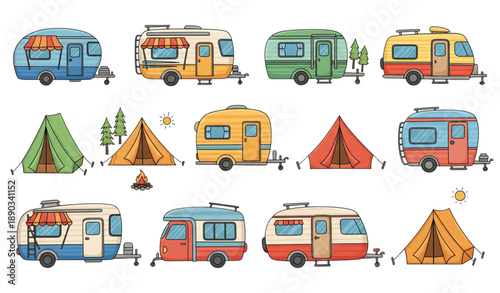 Cute Hand Drawn RV Campers and Tents Travel Vector Illustration