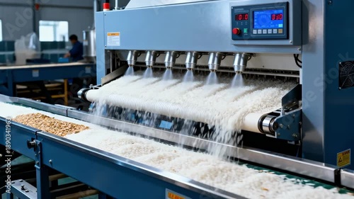 Medium shot of a highcapacity rice color sorter efficiently removing defective grains using precision air jets on a fast industrial line.