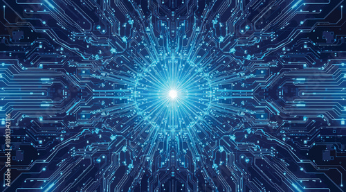 Glowing central core surrounded by symmetrical blue circuit patterns, symbolizing high-tech microchip, neural network, and digital energy flow in a futuristic visualization of computing and connectivi