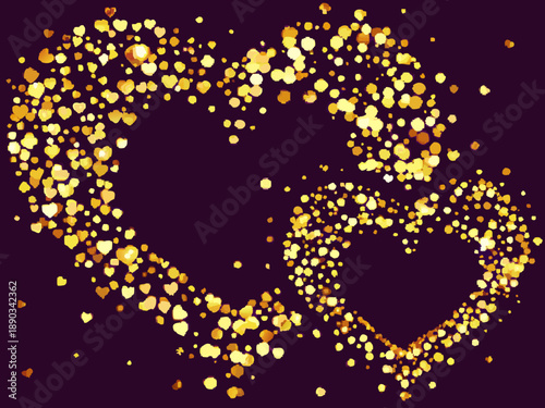 Golden hearts formed from sparkling dots against a deep purple background