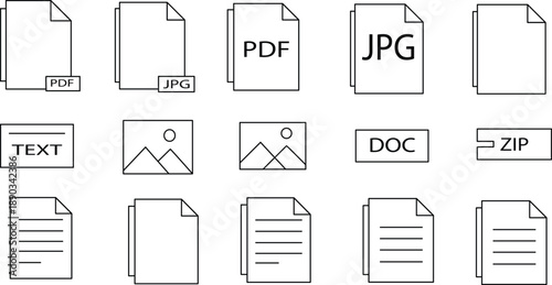 Fifteen minimalist black and white icons for various document file types and content symbol