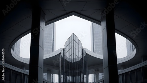 A futuristic architectural interior with a large circular window