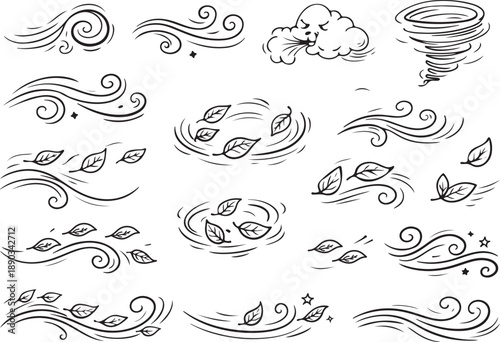 Leaf wind doodle line sketch set. Hand drawn doodle wind motion, air blow, leaf falling elements. Sketch drawn air weather, autumn falling concept. Isolated vector illustration