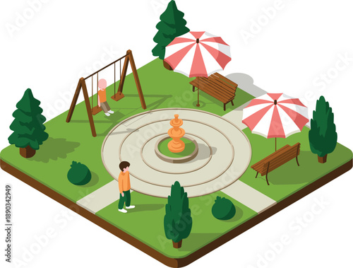 Isometric public park scene with fountain, benches, umbrellas, trees and playground swing, people enjoying outdoor urban green space
