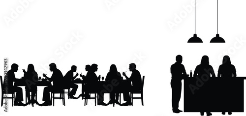 Silhouettes of people dining and socializing at restaurant tables and bar counter, modern café interior scene representing nightlife, conversation and hospitality in black and white