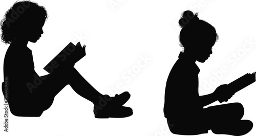 Silhouettes of children reading books while sitting on floor, focused learning and imagination concept isolated on white background