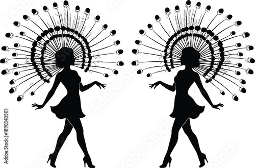 Symmetrical showgirl silhouettes with feather headdresses in glamorous carnival dance pose, black and white illustration inspired by cabaret, burlesque and retro fashion