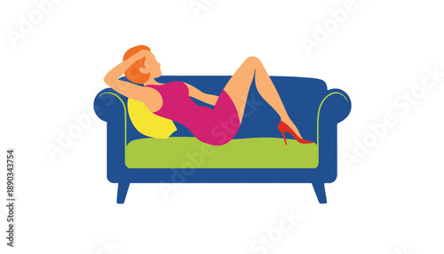 A woman reclines on a blue couch with green cushioning.