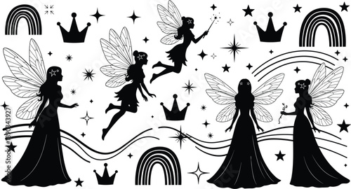 Black fairy silhouette set with magical wands crowns stars and rainbows isolated on white background for fantasy nursery and mystical design