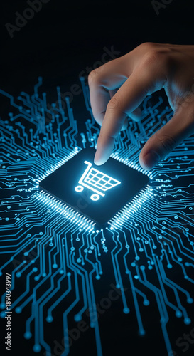 Hand interacts with glowing shopping cart icon on circuit board, showcasing online shopping, digital commerce, and technology integration