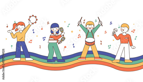 A group of happy children playing musical instruments together outdoors
