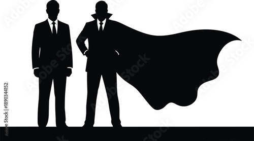 Business Leader and Superhero Silhouettes Standing Together with Flowing Cape on White Background for Corporate Success Leadership Strength and Professional Achievement Concept Art
