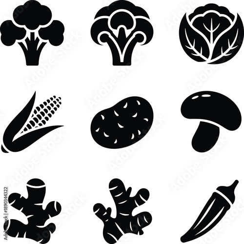 Black and white of various vegetables and mushrooms 1