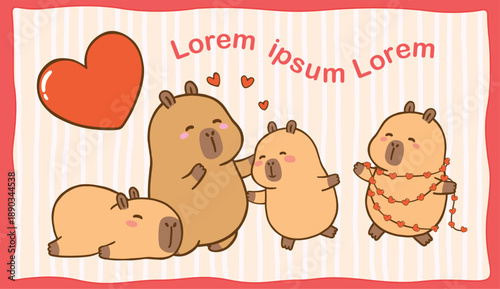 Kawaii Capybra Couple Hugging Cartoon Hand Drawn Illustration