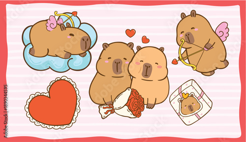 Kawaii Capybra Couple and Capybara Cupid Cartoon Hand Drawn Illustration