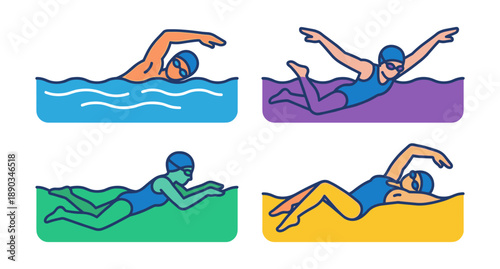 Swimming strokes vector icons showing different swimmers