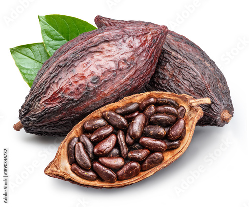 Wallpaper Mural Brown cocoa pods with half a cocoa pod filled with cocoa beans isolated on white background. Clipping path Torontodigital.ca