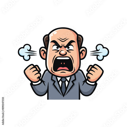 A cartoon man in a gray suit shouting with fists clenched and steam coming out of his ears
