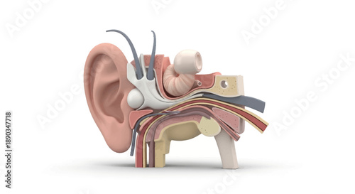 Advanced 3D Medical Illustration of Human Ear Anatomy Detailed View of Auditory System and Hearing Organs for Educational Purposes