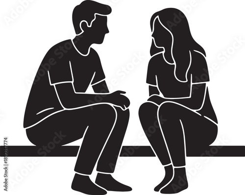 Silhouette illustration of a man and woman engaging in a conversation while sitting together on a bench