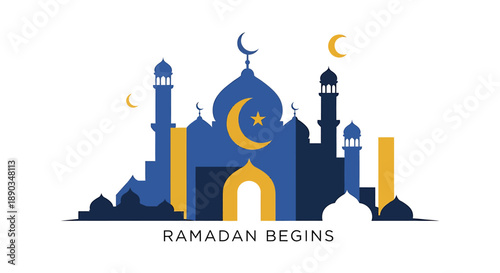 A stylized illustration of a mosque with crescent moons and stars, featuring blue and yellow colors, with the text "RAMADAN BEGINS" below.
