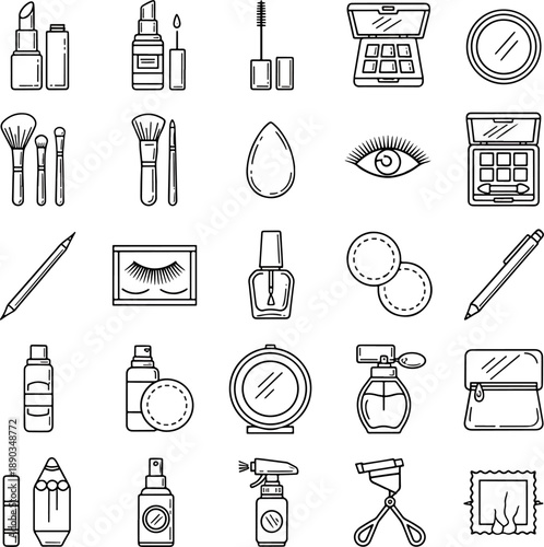 Collection of Makeup and Beauty Icons in Outline Style Vector Illustration, Essential Cosmetic Product Symbols Set