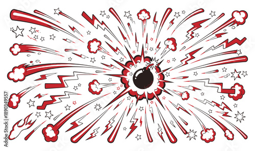 Dynamic explosion effects and comic book style bombs for action-packed designs. Hand drawn sketch doodle explosive element. Vector illustration.