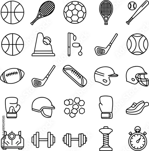 Collection of Diverse Sports Equipment Icons and Symbols on a White Background, Representing Various Athletic Activities