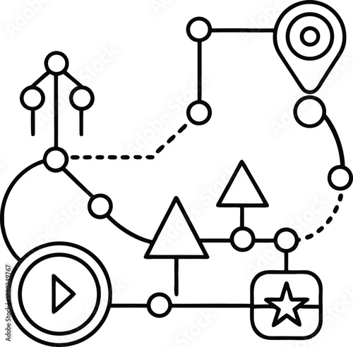 Abstract Workflow Diagram Line Icon Vector: Data Flowchart, Step-by-Step Process Mapping, Business Analytics, GPS Location, and Digital Network Visualization Graphic.