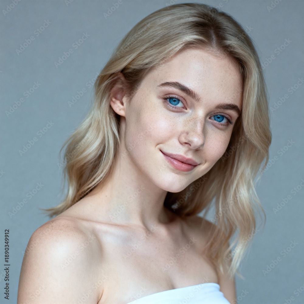Naklejka premium Natural Beauty Portrait of Young Woman on Gray Background