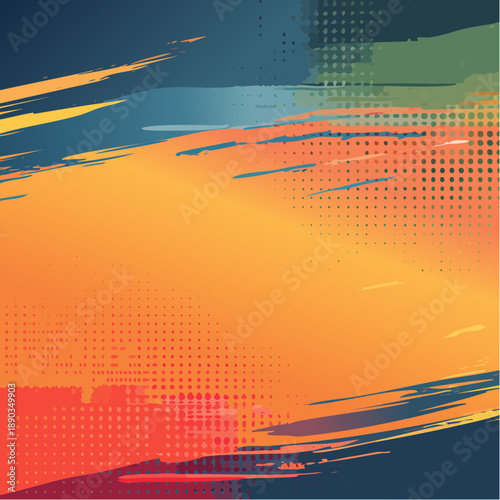 Halftone and brush banner. Abstract background. Color geometric dots texture, grunge paint brushes pattern, ink strokes for speed sport style design.