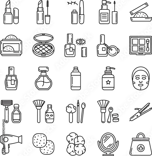 Collection of cosmetic and beauty products icons set vector flat design makeup essentials and skincare items