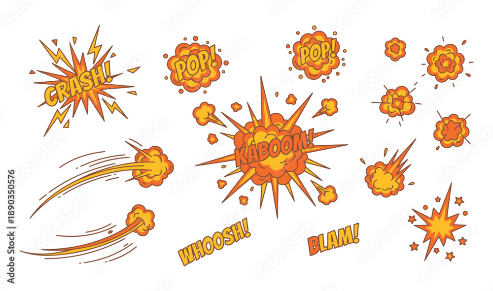 Obraz premium Dynamic explosion effects and comic book style bombs for action-packed designs. Hand drawn sketch doodle explosive element. Vector illustration.