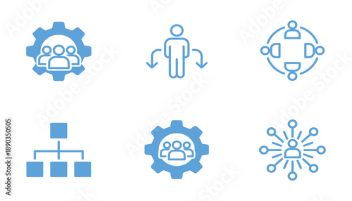 Set of human resource organization management with gear setting icon set teamwork structure hierarchy leadership diagram