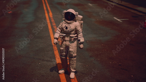Canvas Print Under the glow of streetlights, an astronaut stands on a deserted street, surrounded by quiet buildings and an eerie atmosphere