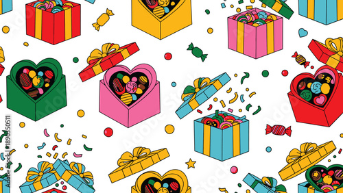 Gift Boxes with Chocolate and Candy: A vibrant array of colorful gift boxes filled with delicious chocolates and candies, creating a delightful and festive visual experience.
