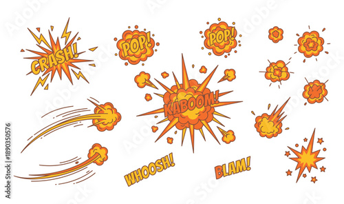 Dynamic explosion effects and comic book style bombs for action-packed designs. Hand drawn sketch doodle explosive element. Vector illustration.