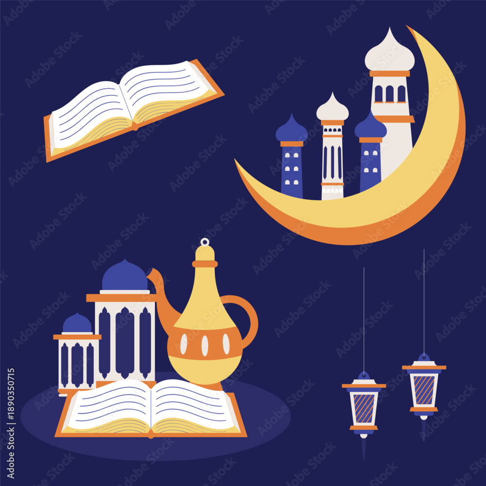 Obraz premium Islamic celebration elements with crescent moon, mosque, open book, traditional pot, and lanterns on a dark blue background.