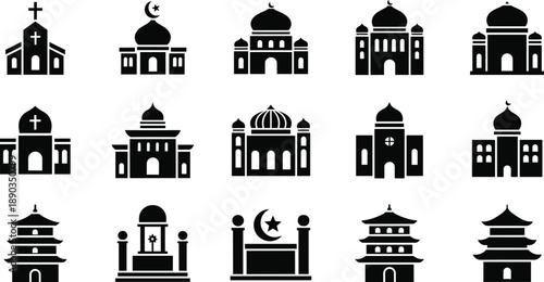 Silhouette icon set of global religious buildings, churches, mosques, temples, cultural and spiritual architecture theme illustration, transparent background graphic