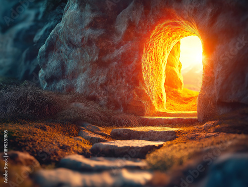 Empty tomb with radiant light spilling forth, symbolizing renewal