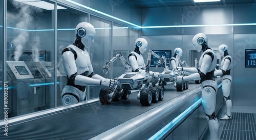 Humanoid robots assembling robotic rovers on a futuristic factory production line