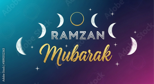 Ramzan mubarak greeting with crescent moons and stars on colorful gradient background