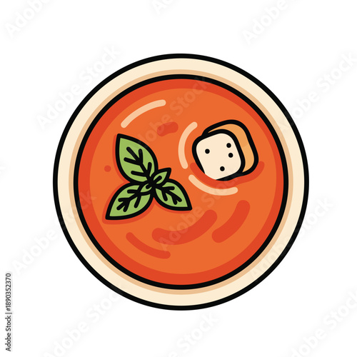 Vibrant Red Soup with Basil and Crouton Illustration
