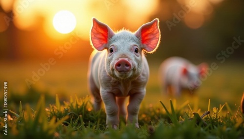 Happy piglet basking in sunset glow, other pigs grazing , idyllic, livestock