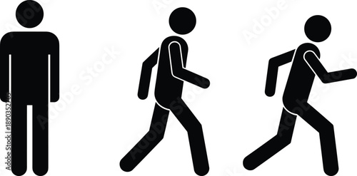 Black human pictogram showing walking and running motion sequence representing movement progression, activity transition, and physical exercise icons isolated on white