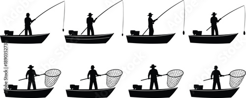 Fisherman silhouette set on boat showing fishing rod and net actions outdoor activity vector illustration isolated on white background