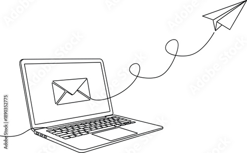 Continuous line drawing of a laptop sending a paper airplane email message vector illustration