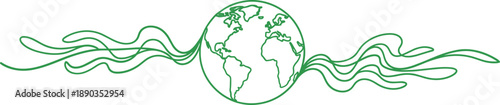 Green outline globe with flowing wavy lines on white background earth world